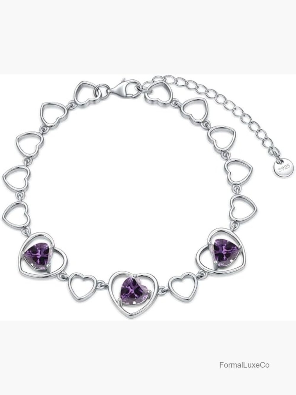 925 Sterling Silver Birthstone Heart Bracelet 6.5in+2in Extender